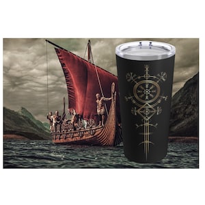 Norse Viking Coffee Tumbler 20oz Scandinavian Vegvisir Icelandic Runic Compass Travel Mug Insulated Drink Tumbler Gift for Swede Norwegian