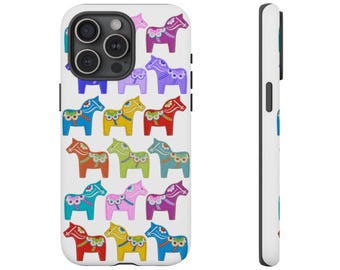 Cute Dala Horse Scandinavian Multicolor Dalarna Swedish Dalahäst Cottagecore Dual Layer Phone Case Norwegian Swede Dalarna Horses