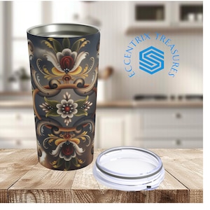 Grau Rosemaling Kaffeegetränk Tumbler 20 Unzen skandinavisches Reisebecher-Blumen Insuliertes Wasser-Kaffee-Auto-Becher-Geschenk für Schwede Norweger
