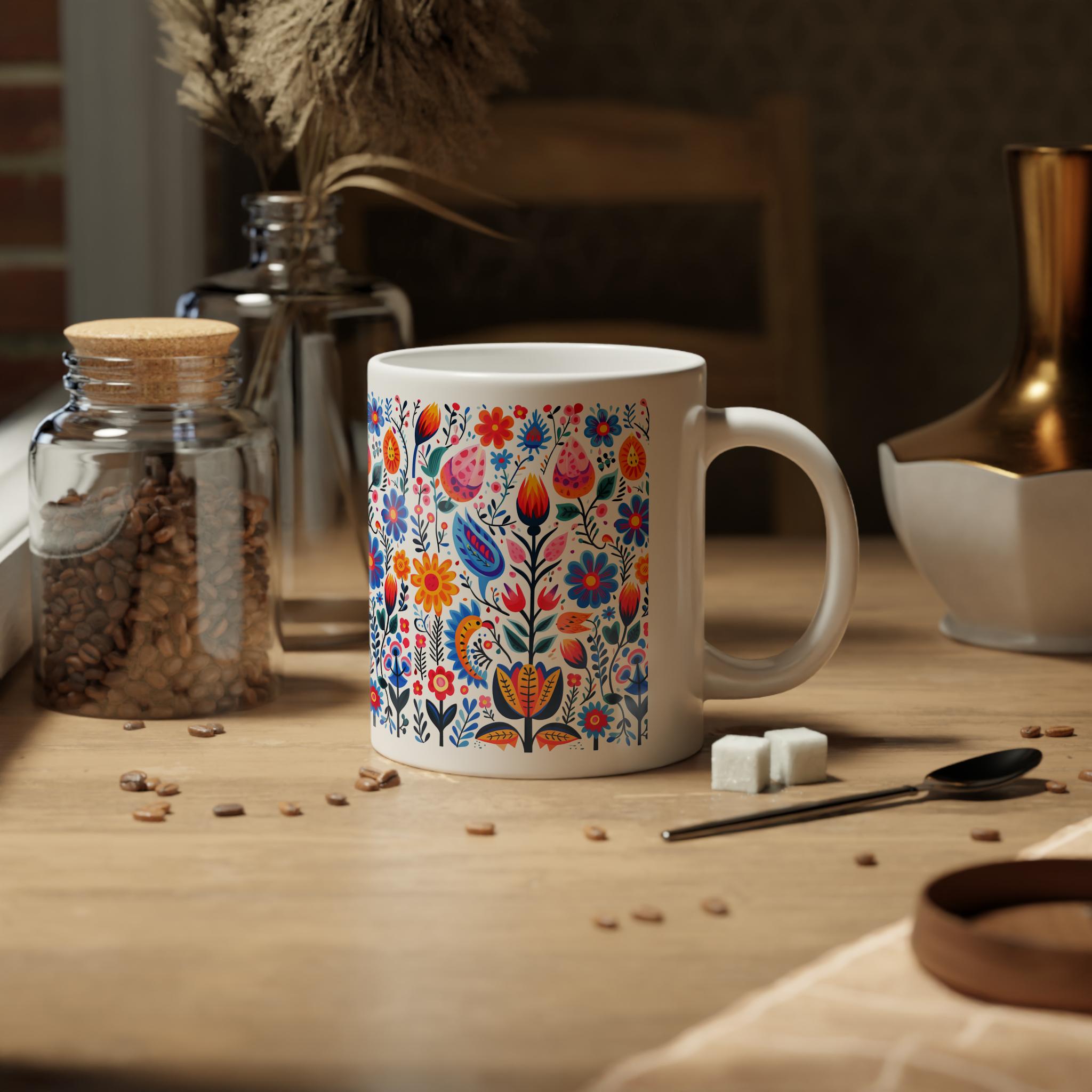 Floral Scandinavian Jumbo Mug, 20oz Coffee Cup Rosemaling Telemark