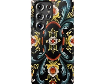 Rosemaling Scandinavian Painting Tough Cases, Dual Layer Phone Case, Vintage Style, Scandinavian Design, Heavy Duty Protective Cover