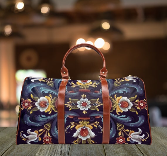 Rosemaling Travel Bag: Scandinavian Floral Duffle, Vegan Leather