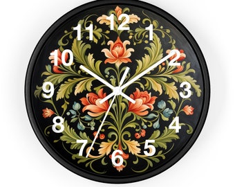 Rosemaling Wall Clock: Scandinavian Floral Art, Black Background