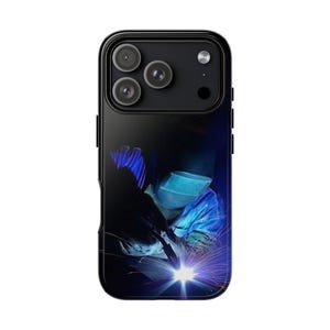 May include: Black phone case featuring a welder at work, with a blue and purple color scheme. The image shows the welder wearing a protective mask and gloves, with sparks flying from the welding torch. The case has a glossy finish.
