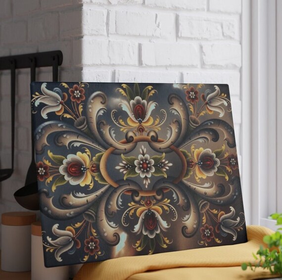 Norwegian Design Rosemaling Cutting Board Tempered Glass Vintage Look Scandinavian Swedish Norwegian Kitchen Decor Cutting Board
