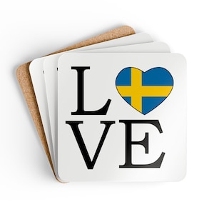 Sweden LOVE Coaster Set Corkwood Set of 4 Drink Coasters Sverige Scandinavian Design Swede Pride Swedish Heritage Svea