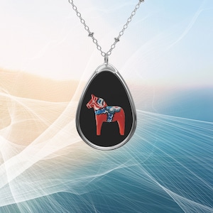 Red Dala Horse Necklace Scandinavian Design Jewelry Swedish Norwegian Teardrop Ellipse Pendant