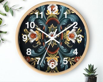 Rosemaling Wall Clock Scandinavian Norwegian Rosemaled Swedish Telemark Clock Kitchen Boho Cottage Core