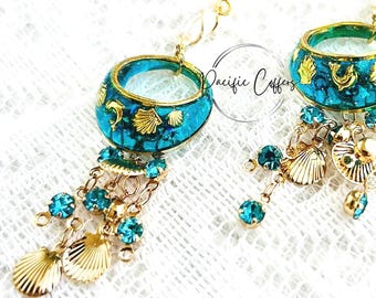 Ocean theme Dangle Earrings,  Handmade Jewelry, Mermaid  Earrings blue gold, Coastal Vibes, Beach Theme, Holidays