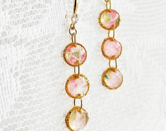 Yuzen Washi Dangle Earrings, Japanese Paper Earrings, Gold Drop Earrings, Lightweight Handmade, East Asian Theme
