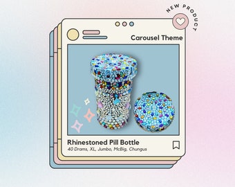 Bedazzled Rhinestone and Pearl Pill Bottle Storage Medicine Container Crystallized Organizer Blinged Carousel Theme Colorful Fun Handmade