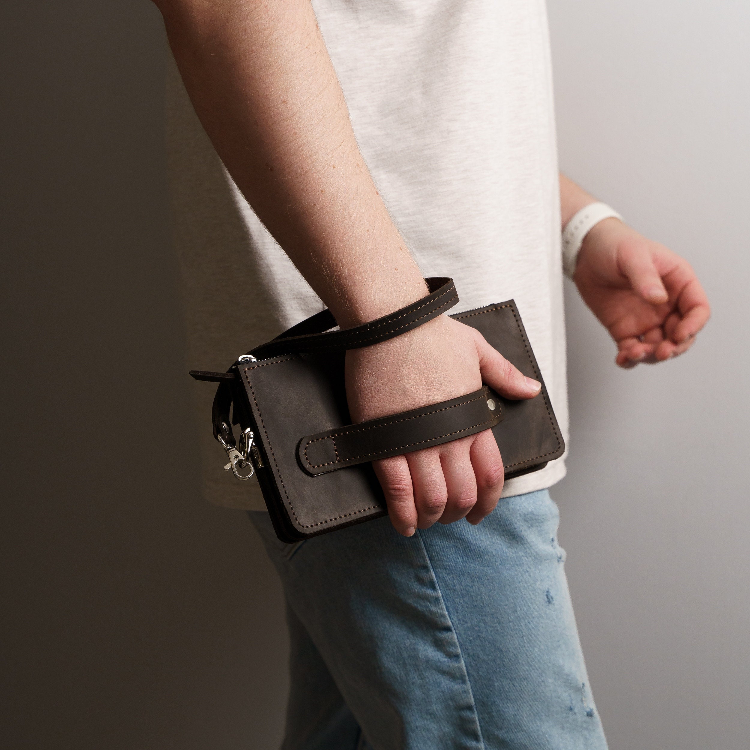 Men's Leather Clutch Bag with Wrist Strap