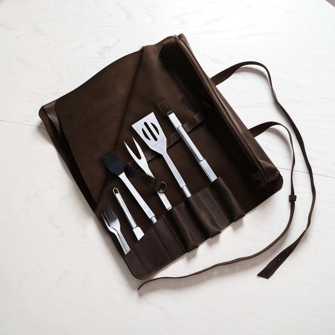 Grill Tool Roll,leather BBQ Roll,barbeque Knife Bag,bbq Tool Roll