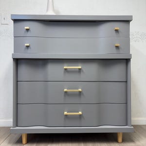 tall light grey dresser Delv Tall Dresser Chest | 5 Drawers | Chrome Edge Pulls
