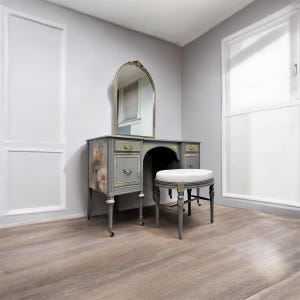 SOLD OUT*****************Antique 1930’s Vanity or desk with mirror and stool-Light gray ****