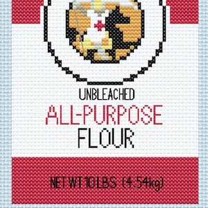 May include: A red and white bag of unbleached all-purpose flour with a logo of a knight in a circle. The bag says "100% Employee-Owned" and "Net Wt 10 lbs (4.54 kg)".