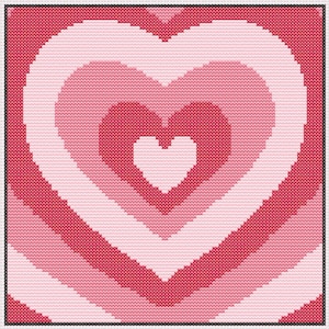 Puede incluir: Un diseño de corazón pixelado rosa y blanco con círculos concéntricos de corazones.