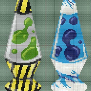 May include: Two lava lamps, one with a green and white design and the other with a blue and white design. The lamps are both in a classic teardrop shape.