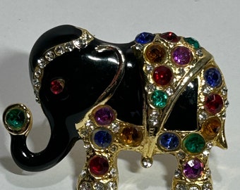 J263L Black Enamel Elephant with Multi colored Rhinestones and gold tone trimmed Brooch