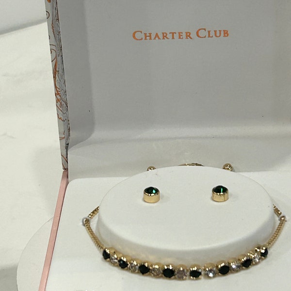 J244L.  Vintage New in Box Charter Club adjustable emerald green tennis bracelet and matching stud earrings