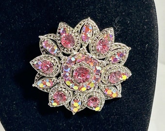 J156L  Large Pink Aurora Borealis Stones Floral Brooch