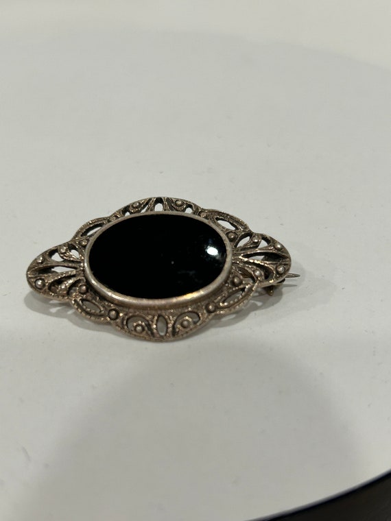 J248L. Antique sterling silver and black onyx bro… - image 3