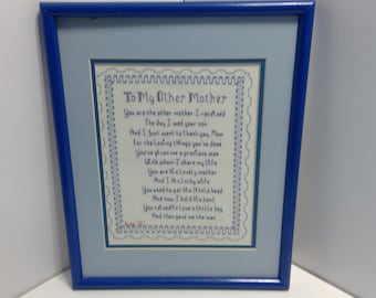 VM307S.  Vintage Blue and White embroidered saying with frame