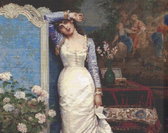 Young Woman in an Interior by Auguste Toulmouche, Cross Stitch Pattern