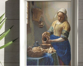 Die Milchmagd von Johannes Vermeer, Kreuzstichmuster, berühmtes Gemälde, impressionistisch