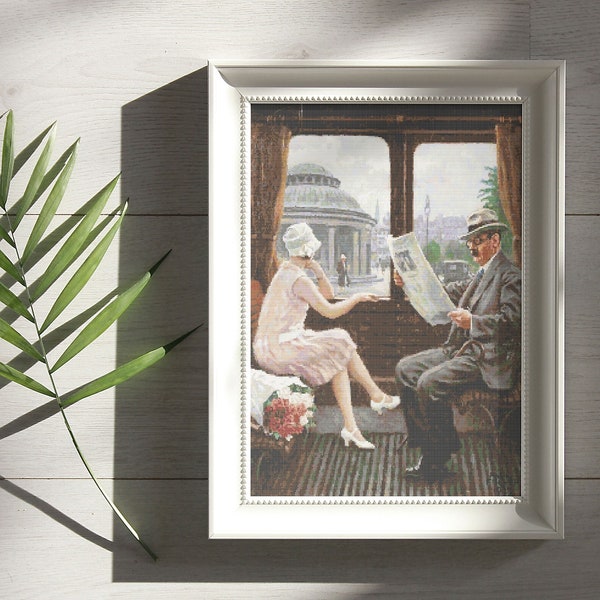 In the Train Compartment by Paul Fischer, Cross Stitch Pattern, Famous Painting, Impressionist, Railroad, City