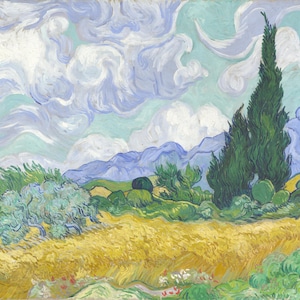 Puede incluir: Pintura al óleo de un paisaje rural con un campo de trigo en primer plano. El cielo está lleno de nubes blancas y azules arremolinadas. Un alto ciprés verde se alza a la derecha, con colinas onduladas al fondo.