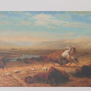 Pode incluir: Uma pintura que retrata um nativo americano a cavalo lançando uma lança em um búfalo em um campo gramado. A cena se passa sob um céu azul com nuvens brancas. Outras figuras são visíveis à distância.