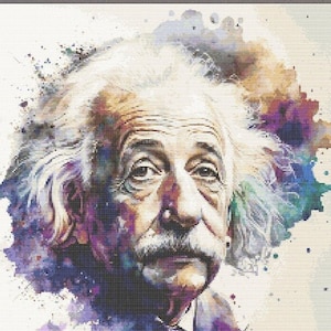 Puede incluir: Una pintura de acuarela de Albert Einstein con un fondo blanco y salpicaduras de pintura púrpura, azul y verde.