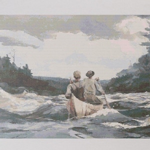 May include: A painting of two people in a canoe paddling through a river with whitewater rapids. The sky is cloudy and the water is a light blue-gray color.