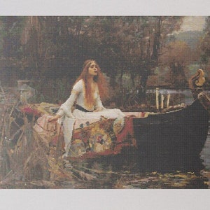 Puede incluir: Una pintura de una mujer con un vestido blanco sentada en un bote en un lago. La mujer tiene el pelo largo y rojo y mira hacia la derecha. El bote está rodeado de árboles y el agua está tranquila.