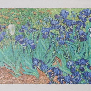 May include: A framed painting of a field of blue and white irises with green leaves. The painting is done in a style reminiscent of Vincent van Gogh.