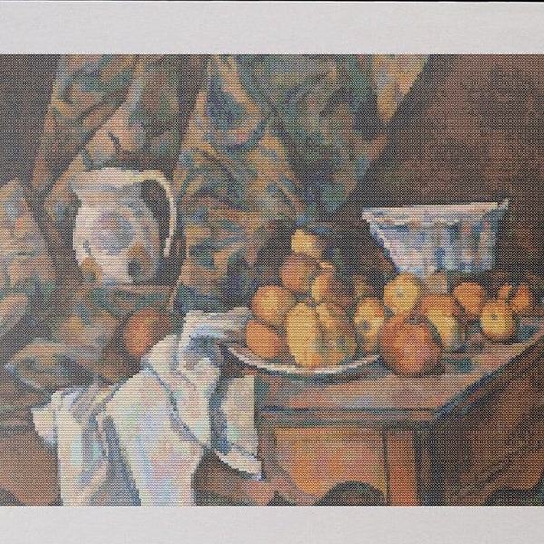 Nature morte aux pommes et aux pêches de Paul Cézanne, motif de point de croix, tableau célèbre