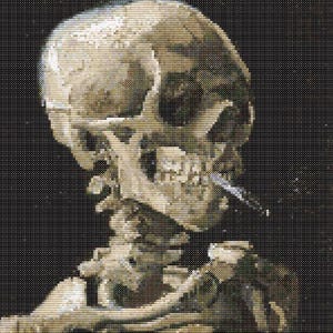 Könnte beinhalten: Eine Kreuzstichdarstellung eines menschlichen Schädels, in Beige- und Grautönen vor einem dunklen Hintergrund. Der Schädel wird im Profil gezeigt, mit sichtbaren Zähnen und Augenhöhlen. Das Kunstwerk hat ein strukturiertes Aussehen.