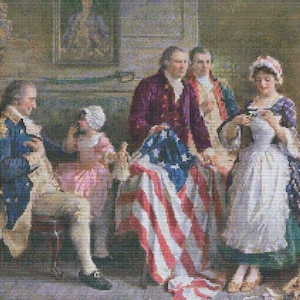 May include: A detailed painting depicts a historical scene with several figures gathered around a table. The focal point is a partially displayed American flag. The figures are dressed in period clothing, suggesting a patriotic theme.