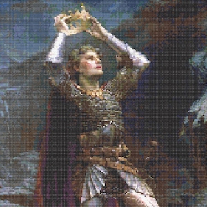 Op de afbeelding: Schilderij van een persoon in middeleeuws harnas die een gouden kroon omhoog houdt. De figuur draagt een rode en paarse cape, met een rotsachtige achtergrond. Het kunstwerk heeft een klassieke stijl en een rijk kleurenpalet.