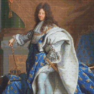 May include: A portrait of a person in ornate attire, featuring a white cape with gold accents and a blue robe with gold fleur-de-lis patterns. The person holds a staff and stands near a blue and gold draped surface. The background is a warm brown.