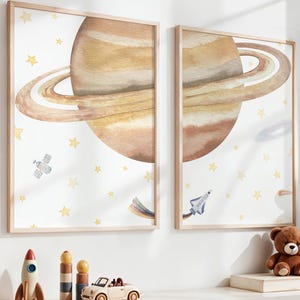 Space Nursery Wall Art Set of 2 – Saturn Decor for Kids Room, Watercolor Printable, Outer Space Planet, Neutral Watercolor Toddler Room