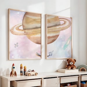 Watercolor Planet Nursery Art Set: Saturn, Rocket, Galaxy (Digital Download)