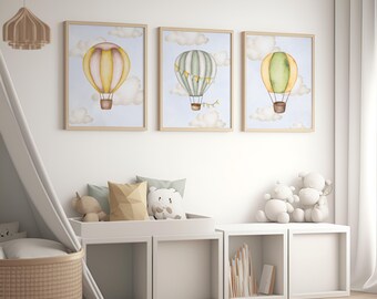 Vintage Boho Hot Air Balloon Nursery Print Set (Digital Download