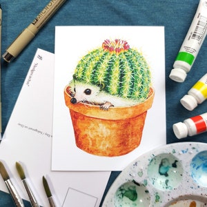 Hedgehog Cactus Postcard - Watercolor Painting Art Print - Whimsical Cute Fantasy Animal Stationary  - Woodland Creature in Garden Plant Pot