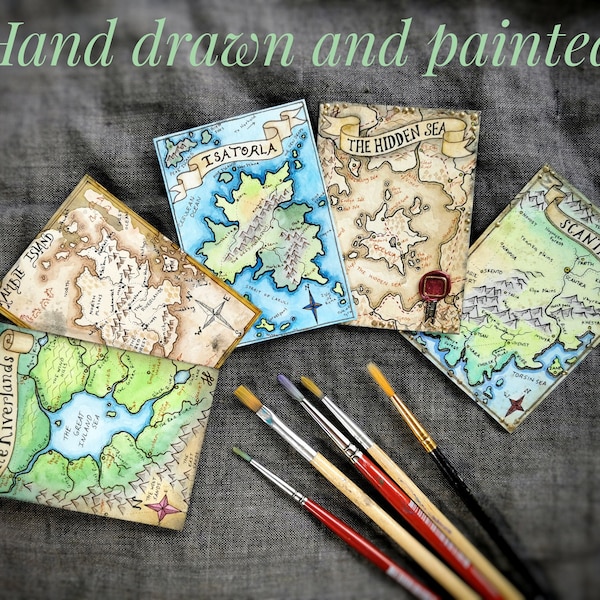 ACEO Original Fantasy Maps - Aquarelle et encre peintes à la main Cartographie Art Miniature monde imaginaire peinture - Cadeau déco unique fait main