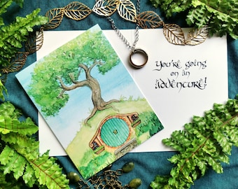 Watercolor Hobbit Card "Going on an Adventure" LOTR Greeting for Travel, Congratulations, New Baby, Graduation, Wedding & Engagement