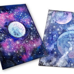 ACEO Original aquarelle peinture couleur changeante lune & planètes Duochrome étoile céleste Neubla espace Art cartes Unique Fantasy Sci Fi cadeau