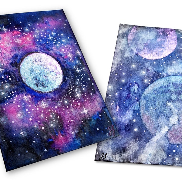 ACEO Original Watercolor Painting Color Shifting Moon & Planets Duochrome Celestial Star Neubla Space Art Cards Unique Fantasy Sci Fi Gift