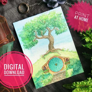 Afdrukbare Hobbit Party Card Instant Digital Download File - LOTR aquarel kunst wenskaart of uitnodiging voor verjaardag, bruiloft, dank u